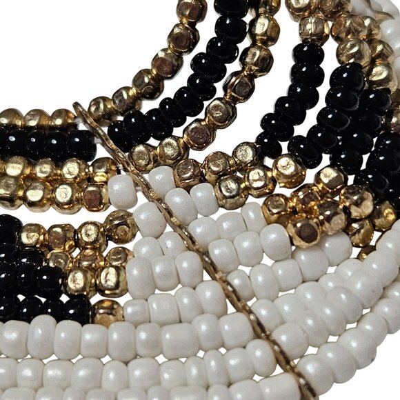 Handcrafted Seed Beaded Multi Strand Bib Necklace Gold Black White Beads Women - Picture 4 of 7